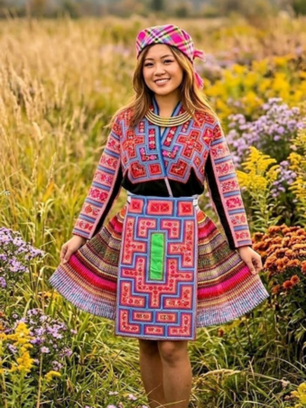 Embroidered Geometric Dress in Blue & Pink Like New